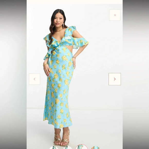 Asos Design Petite Satin Midaxi Dress With Multi Flutter Sleeves In Blue Floral - Picture 4 of 10